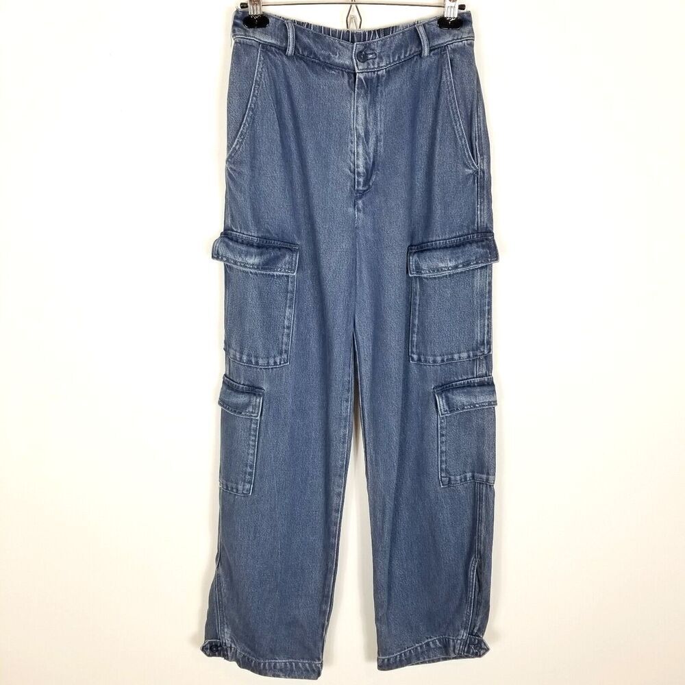 Young Fabulous & Broke Women Wide Leg Cargo Denim Jeans‎ Sz M Blue Denim Grunge